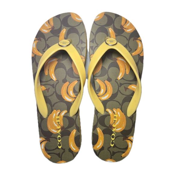 Coach Banana Print Flip Flops Yellow Signature Logo Sandals New Without Box - Picture 1 of 4
